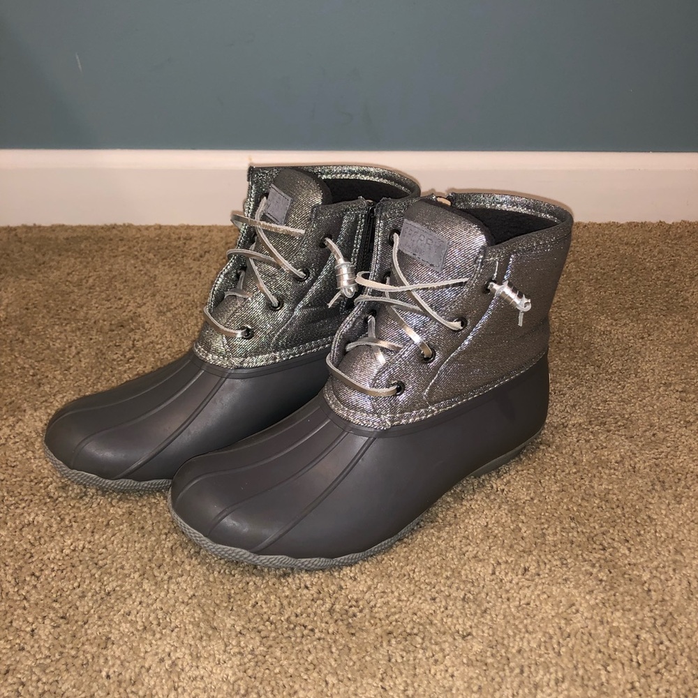 COPY - Sperry Duck Boots Silver Sparkles and Grey
